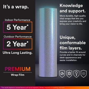 May include: A cylindrical roll of iridescent, glittery vinyl wrap film. The text reads: It's a wrap. Knowledge and support. Indoor Performance 5 Year. Outdoor Performance 2 Year. Ultra Long Lasting. Unique, conformable film layers. PREMIUM Wrap Film.