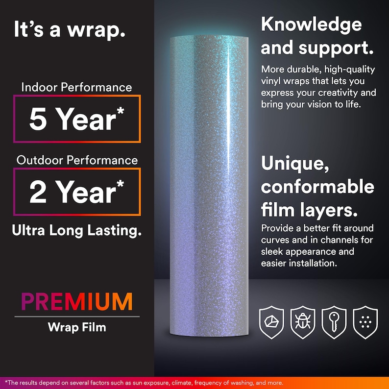 May include: A cylindrical roll of iridescent, glittery vinyl wrap film. The text reads: It's a wrap. Knowledge and support. Indoor Performance 5 Year. Outdoor Performance 2 Year. Ultra Long Lasting. Unique, conformable film layers. PREMIUM Wrap Film.