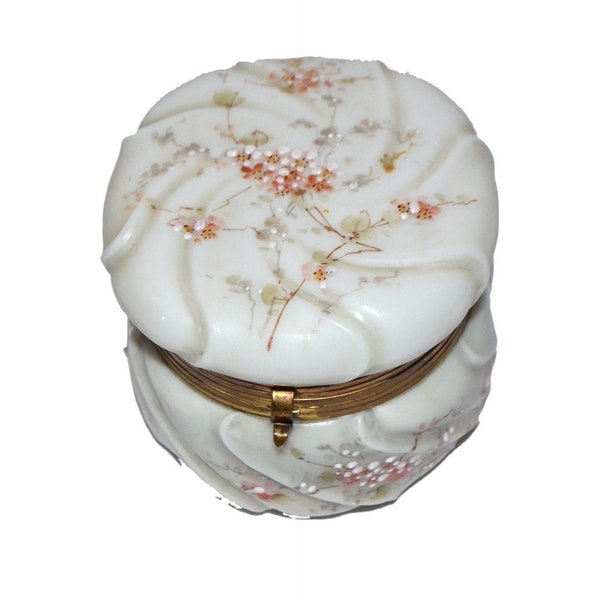 CF Monroe Helmschmeid Swirl Opal Ware Dresser Box with Orange Enamel Painted Flowers