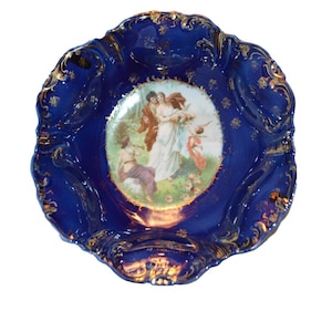 Antique German Porcelain Cobalt Blue Bowl with Allegorical Scene of Maiden with Cupid