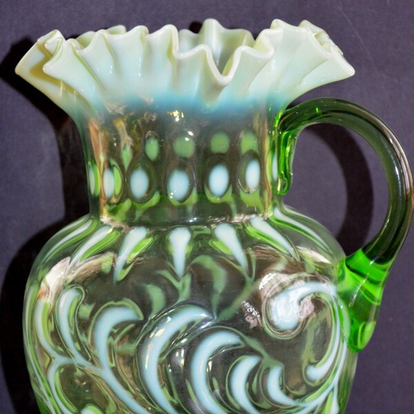 Reserved for BETH Buttons Braids Opalescent Green Art Glass Pitcher Jefferson Glass Company Pattern 182