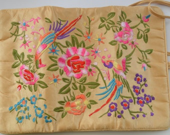 Vintage Silk Embroidered Fold Out Clutch Purse Asian Design Mid Century Four Pocket Floral Decor Handbag