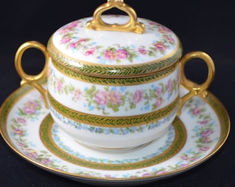 Antique LIMOGES French Porcelain Boullion Cup Saucer Set Hand Painted Roses