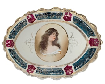 Austrian Porcelain Oval Plaque Dresser Tray Portrait of Asti&#39;s Constance