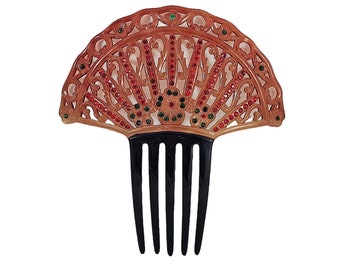 Antique Art Deco Celluloid Hair Comb: Carved Flowers, Rhinestones
