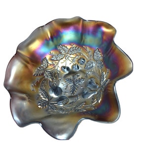 Northwood Amethyst Carnival Glass Three Fruits Medallion & Grapes Leaves Exterior Dome Base