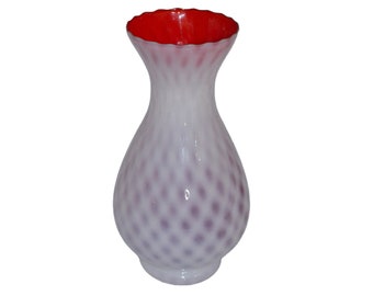 Kanawha American Art Glass Vase Ruby Red Satin Opalescent Diamond Optic Quilt Pattern 12"