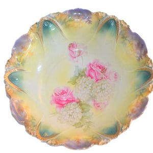 RS Prussia Porcelain Bowl Mold 96 FSnowballs & Pink Roses Lilac Purple Flash