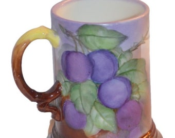 Limoges Porcelain Tankard Mug Jean Pouyat Hand Painted Plums on Branch