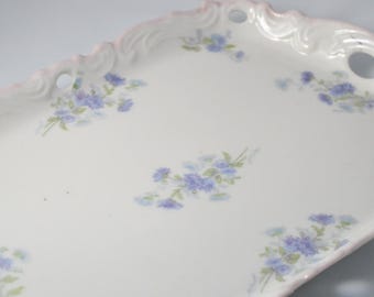 Antique LIMOGES French Porcelain Dresser Tray Vanity Dish Blue Floral Decoration