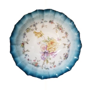 RS Prussia Porcelain Bowl Mold 12 Blue Rim Yellow Roses