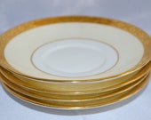 Minton Tiffany Co Porcelain Saucer Set, Four Gold Embossed Minton Bone China Saucer Plates, Tiffany Minton Wedding Band Design Saucers