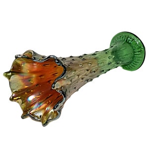 Antique Northwood Ombre Iridescent Marigold & Green Tree Trunk Raindrop 10&quot; Swung Vase