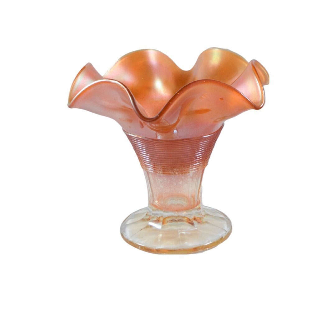 Fluted & Threaded Peach Carnival Glass Lily Vase