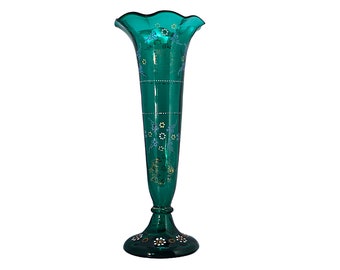 Bohemian Art Glass Vase Trumpet Style Enamel Emerald Green