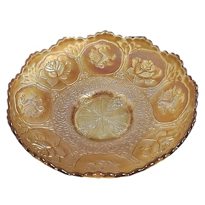 Fenton Marigold Dragon & Lotus Carnival Glass Iridescent Bowl