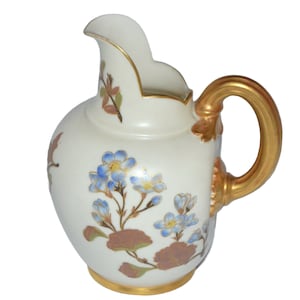 Royal Worcester Ewer Pitcher Flat Back Creamer Gold Gilding Blush Ivory Rare Blue Flowers