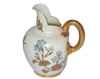 Royal Worcester Ewer Pitcher Flat Back Creamer Gold Gilding Blush Ivory Rare Blue Flowers