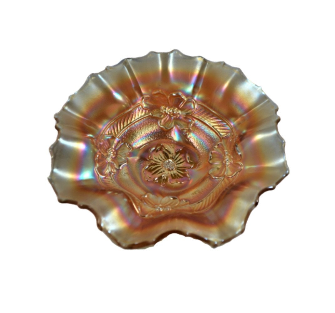 Dugan Apple Blossom Carnival Glass Bowl Marigold Ruffled Rim Etsy Ireland Dugan Apple Blossom Carnival Glass Bowl Marigold Ruffled Rim Etsy Ireland