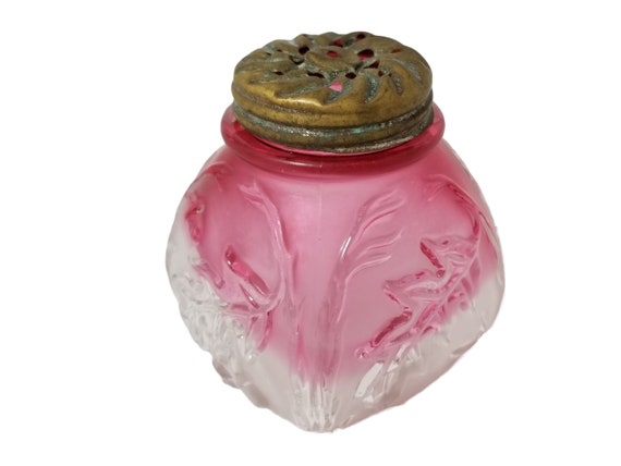 Antique Royal Oak Leaf Rubina Cranberry Frosted Satin Glass Shaker