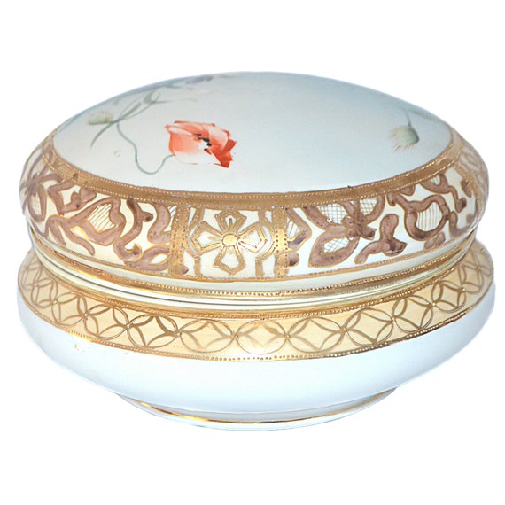 Hand Painted Dresser Jar Box Moriage Gold Poppies… - image 5