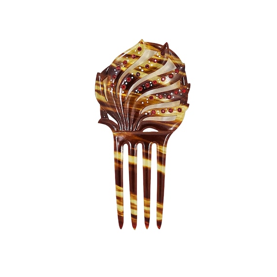 Vintage Black Celluloid Spanish Style Art Nouveau Hair Comb w Red Rhinestones Vintage Black Fan Shaped Celluloid Hair Comb W/ Red  main image 2