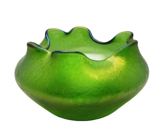 Loetz Austria Green Art Glass Bowl Vase Diana Ciselé Candia Ground Pattern
