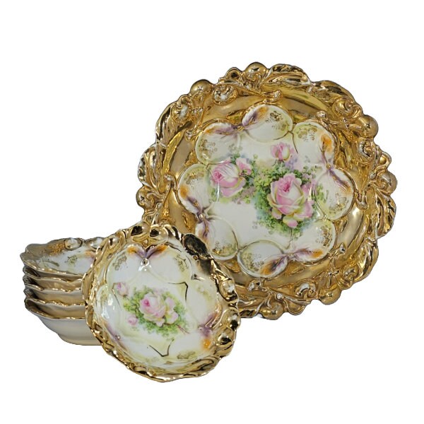 German Porcelain Berry Bowl Set  7pc Heavy Gold Trim with Pink Roses Etched Interior Art Nouveau Period