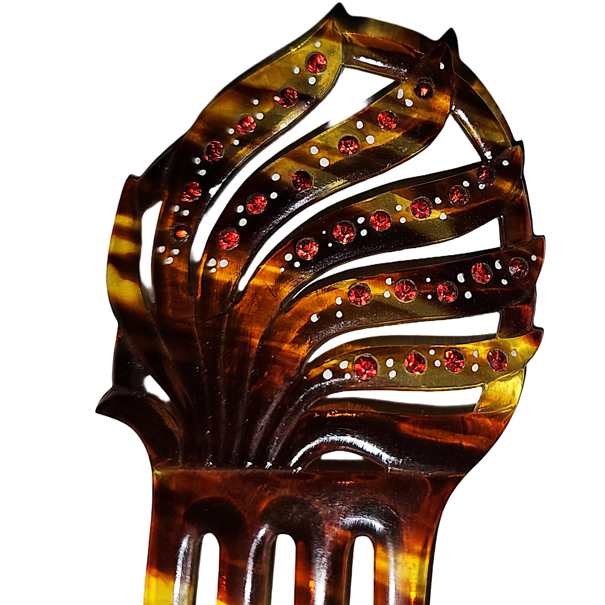 Art Deco Spanish Style Celluloid Hair Comb With Red 