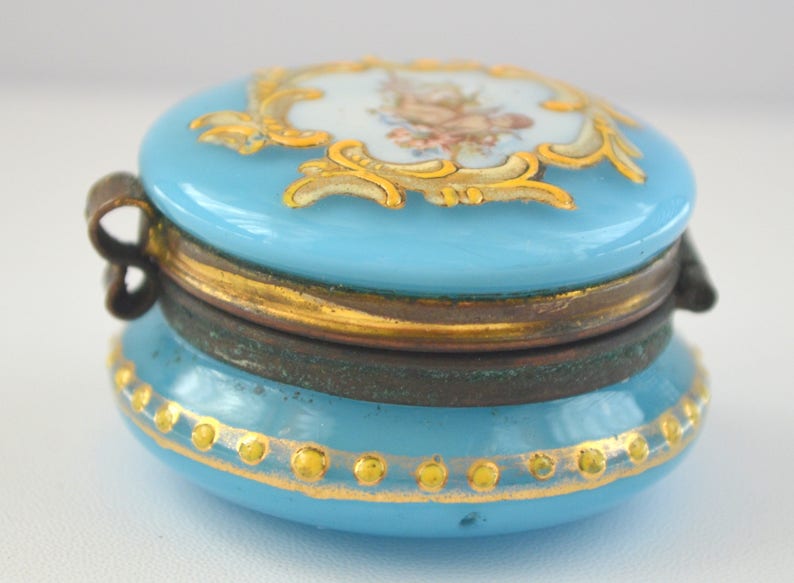 Moser Bohemian Art Glass Pill Box Blue Opalescent Hand Painted Etsy