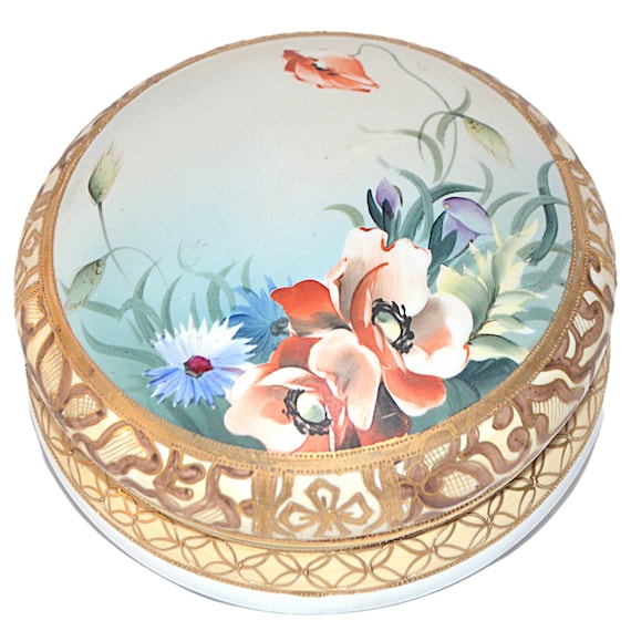 Hand Painted Dresser Jar Box Moriage Gold Poppies… - image 2