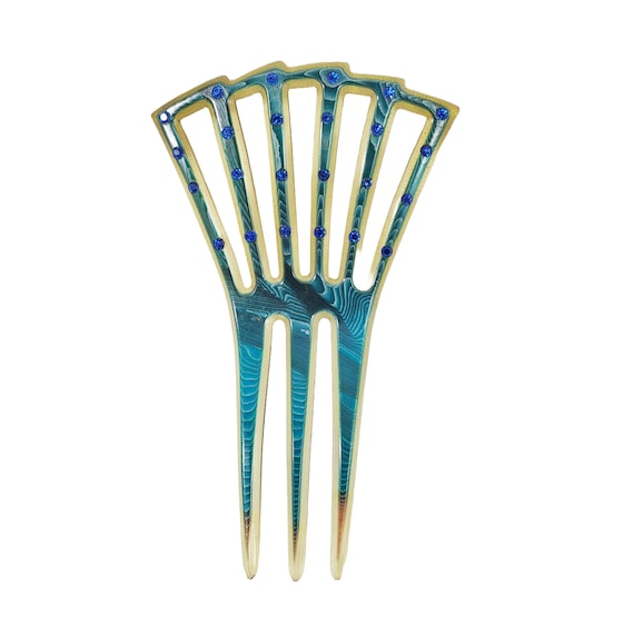 Art Deco Celluloid Hair Comb Teal Blue Sapphire Rhinestones  display picture 3