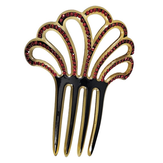 Art Deco Celluloid Hair Comb Black on Clear With Ruby Red 