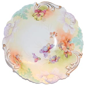 RS PRUSSIA Porcelain BOWL, Antique German Porcelain Floral Bowl, Prussia Mold 3 Clematis Flowers Bowl
