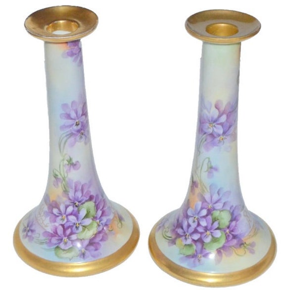 Antique Czechoslovakian Violets Candlesticks~ Gorgeous