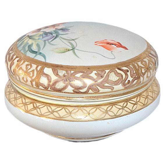 Hand Painted Dresser Jar Box Moriage Gold Poppies… - image 6