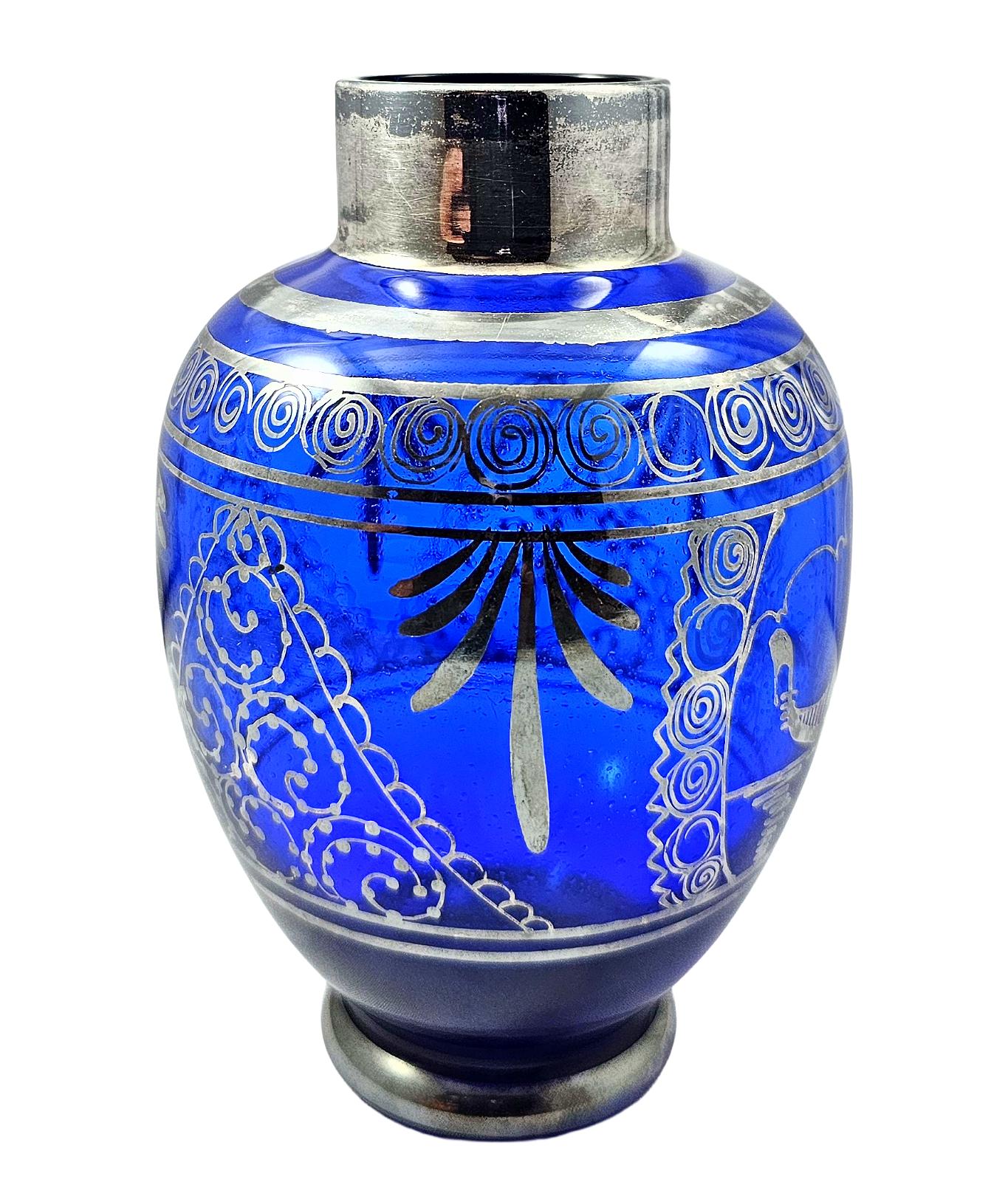 ムラーノ イタリア製アートガラス 花瓶 コバルトブルー シルバー