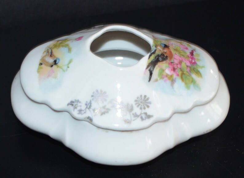 ANTIQUE German Porcelain HAIR Receiver Birds Flowers Johann Seltmann Scenic Decoration Pin Tray Vanity Jar 1900s Art Nouveau Decor