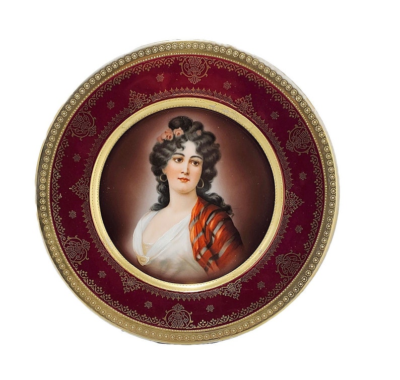 Antique Royal Vienna Style Hutschenreuther Portrait Plate 19th Century Bindenschild Beehive Mark German Bavarian Porcelain image 1