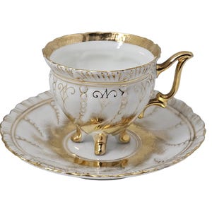 Antique Continental Porcelain Footed Demitasse Cup & Saucer with Gold Trim