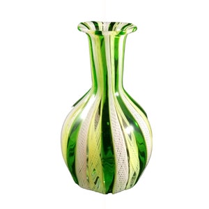 Venetian Latticinio Murano Glass Hand Blown Emerald & Chartreuse White Ribbon Twist Bud Vase
