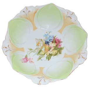 Antique RS Prussia German Porcelain Bowl Multi Color Wild Roses Mold 78 Scroll Dome Lime Green Panel