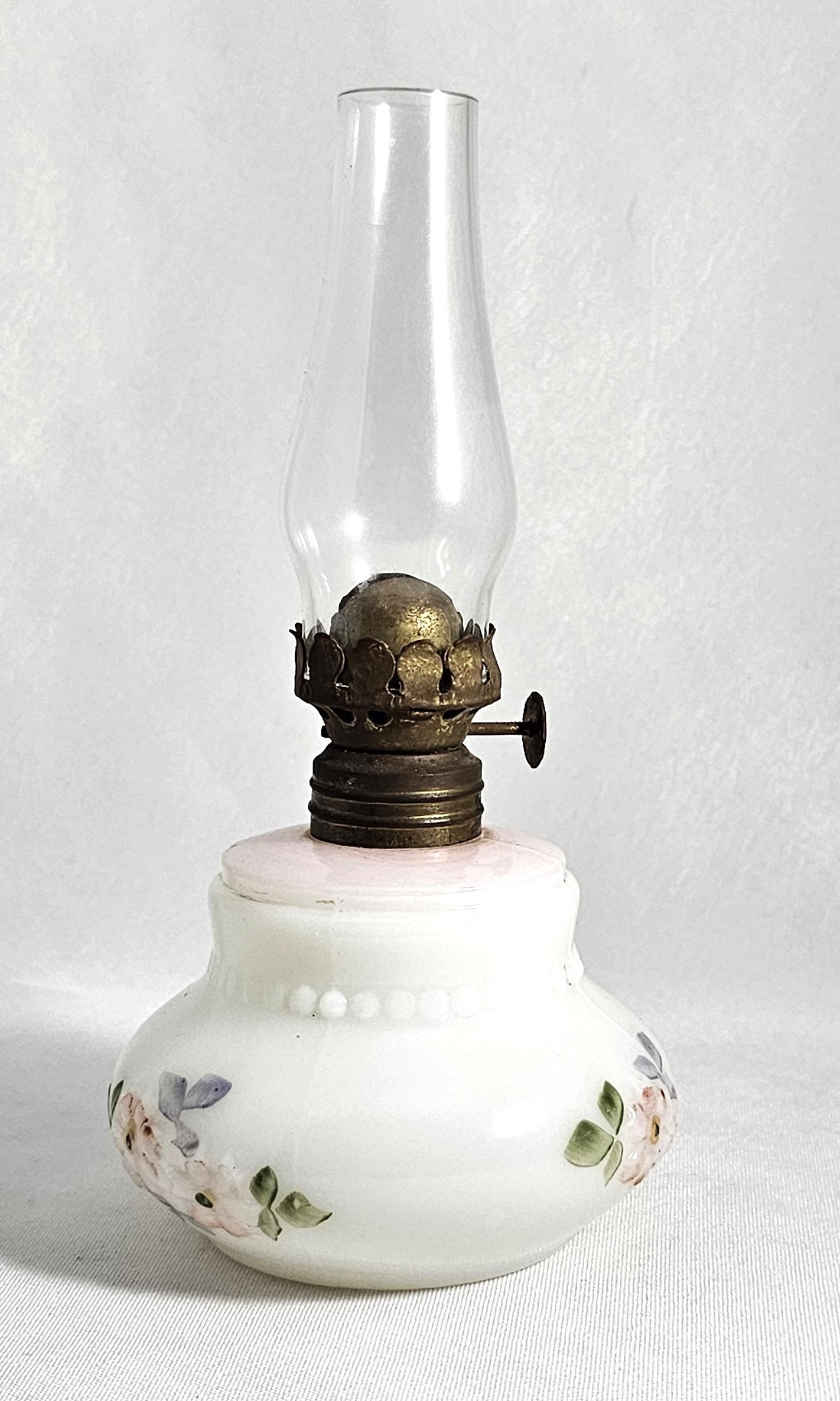 Antique Miniature Milk Glass Oil Kerosene Lamp Embossed Floral