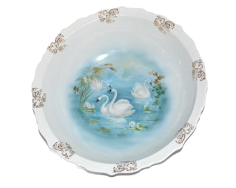 Large Antique Bavarian Porcelain Scenic Bowl Swan Birds on Lake