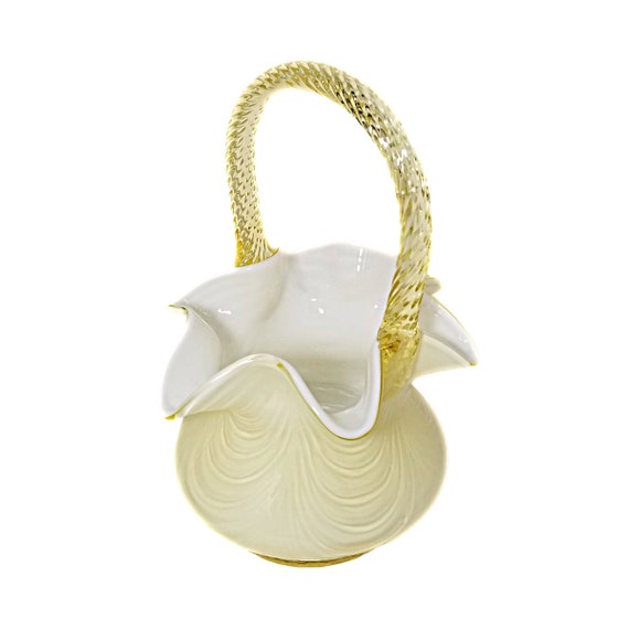Fenton イエロー　バスケット　ミルクガラス Fenton Art Glass Candleglow Yellow Ivory Crest Overlay Drapery