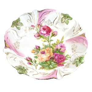 Antique Porcelain PS Germany Pink & Yellow Rose Floral 10&quot; Bowl
