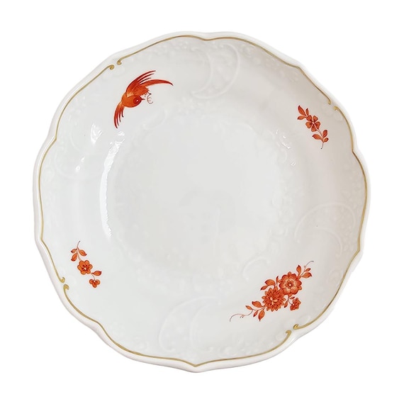 WWII Era Meissen German Porcelain Snack Bowl Red Pheasant Pattern