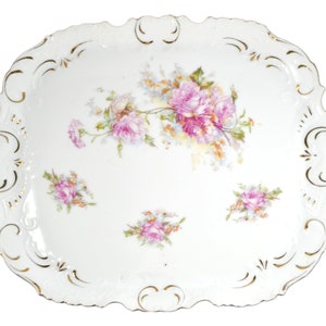 Art Nouveau Continental Porcelain Dresser Tray Painted Pink Roses