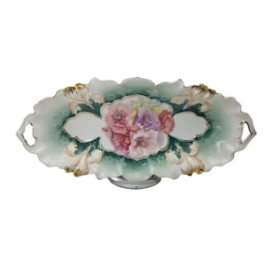 RS Prussia German Porcelain Celery Dish Relish Tray Lily Mold 25 Teal Green Pink Floral Pattern