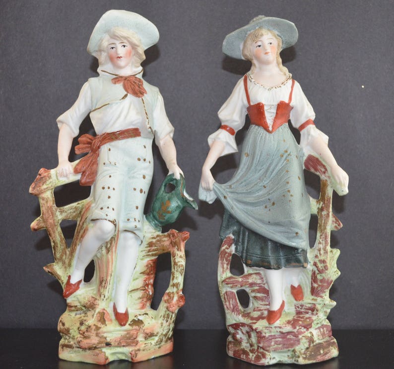 Vintage German Bisque Figurine Set Pastoral Couple on Fence Etsy